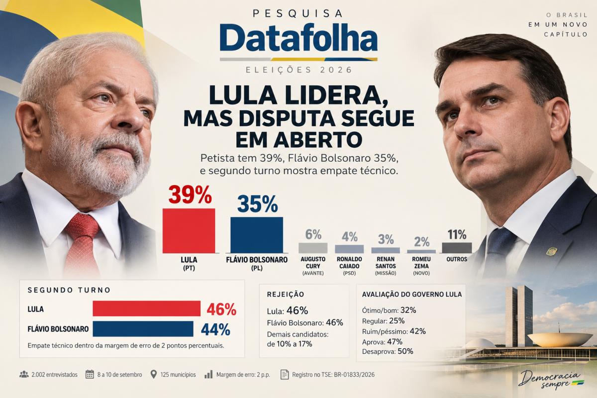 Datafolha: distância entre Lula e Flávio no primeiro turno cai para 4 pontos